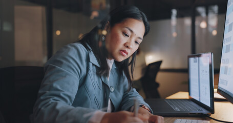 Canvas Print - Woman, writing and office in night, planning and focus at desk for strategy, target and kpi in marketing. Asian corporate executive, notebook and computer for vision, mission and schedule in Tokyo