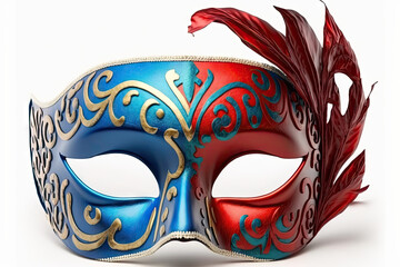 Wall Mural - Illustration of a red and blue Mardi Gras mask with golden lines and feathers