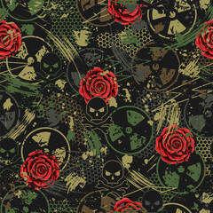 Seamless grunge camouflage pattern with ionizing radiation symbol, paint brush strokes, skull, red roses. Concept of fragility of life, destruction. Good for apparel, fabric, textile, sport goods
