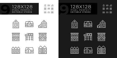 property purchase pixel perfect linear icons set for dark, light mode. real estate agency. apartment