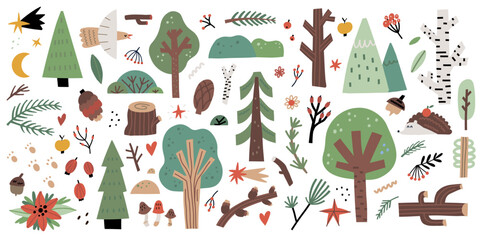 Forest elements set. Cute green trees. Cartoon childish decor, scandinavian kids design. Decor textile wrapping paper, nursery. Doodle drawing, woodland vector hand drawn isolated illustration