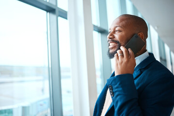 Poster - Black man, airport window and business call with smile looking at plane travel flight. Mobile connection, happiness and businessman with luggage for plane and executive networking on cellphone