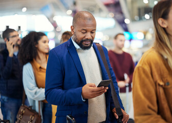 Aufkleber - Travel, search and phone with black man in airport for flight, vacation and immigration. Queue, communication and technology with businessman in line with luggage for trip, holiday and first class