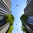 © Mathias - Street photo looking up at green, sustainable buildings reaching to a blue sky with birds