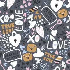 Wall Mural - Seamless patterns with hearts, love lettering quotes and messages. Wedding and Valentines day texture. Vector illustration