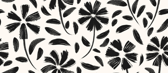 flowers hand drawn seamless pattern. ink brush texture.