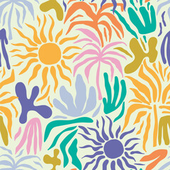 Seamless tropical abstract pattern with sun, palm tree, leaves. Summer texture. Vector illustration