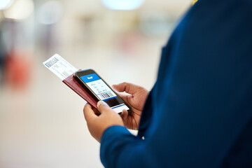 Qr code, check in and man with a phone for a ticket, airplane booking and information at airport. Travel, website and hand of a businessman reading a barcode on a mobile for a work trip or vacation