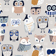 Seamless scandinavian style pattern with cute colourful owls. Childish hand drawn owl birds background. Ideal for fabrics, textiles, apparel, wallpaper.