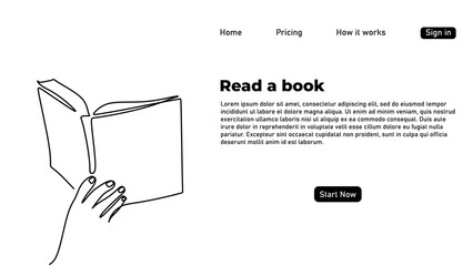 Poster - One continuous single line drawing of read book landing page isolated on white background minimalism design.