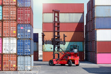 forklift truck Container boxes in a logistics yard with a stack of containers in the background.