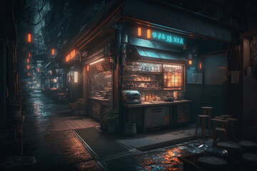 cramped japanese street restaurant, created by a neural network, Generative AI technology