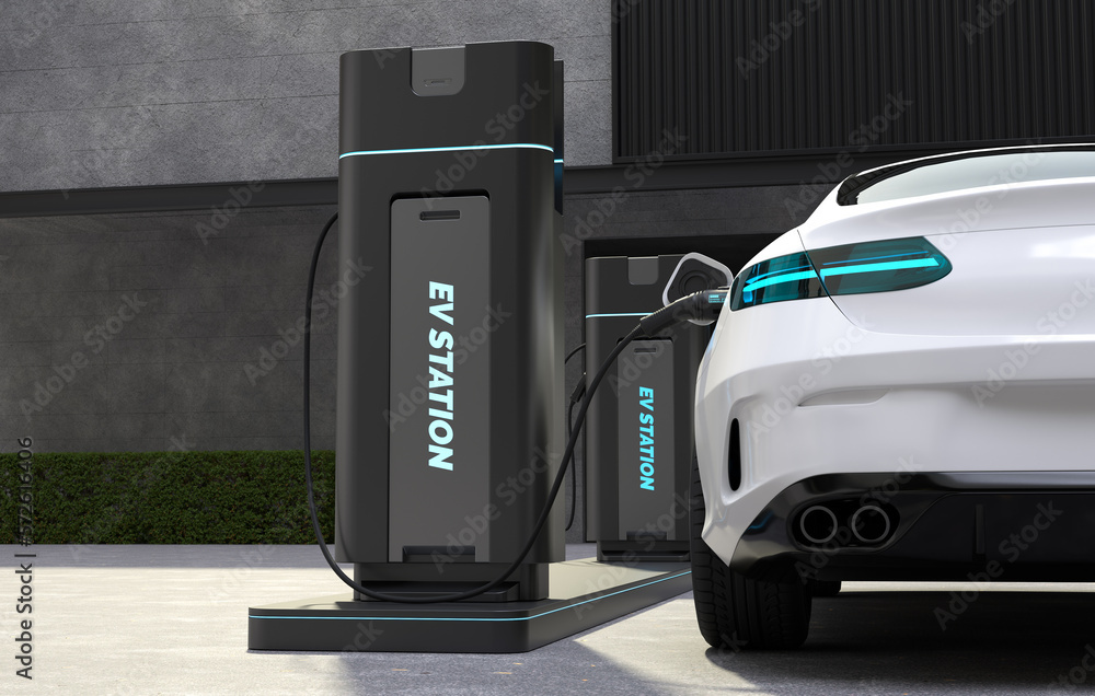 Electric car is charging the battery at the Ev charging station Stock ...
