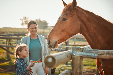 Poster - Horse feeding, girl and mother on farm with animal and smile in the countryside outdoor. Pet horses, mama and child with hand holding grass on agriculture field with mom feeling parent love on ranch