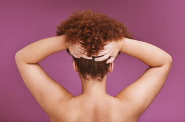 Wall Mural - Back, black woman and afro of hair in studio for ethnic texture, headshot and pink background. Behind african model, curly haircare cosmetics and beauty for skincare, scalp or aesthetic salon shampoo