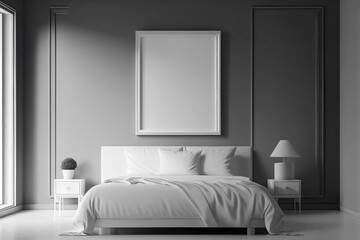 Wall Mural - Modern bedroom interior with empty canvas or wall decor with frame in center for product presentation background or wall decor promotion, mock up, black and white