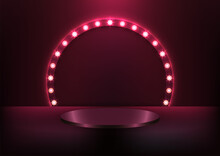 3D Realistic Red Podium Pedestal With Glowing Light Bulb Circle Backdrop On Dark Background Retro Style