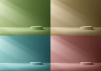 Wall Mural - set of 3d realistic empty green, blue, red, brown podium cylinder shape product display with lightin