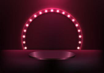 3d realistic red podium pedestal with glowing light bulb circle backdrop on dark background retro st
