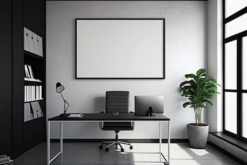 Wall Mural - Modern office interior, with empty canvas or wall decor with frame in center for product presentation background or wall decor promotion, mock up