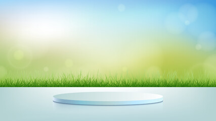 Wall Mural - 3d realistic blue podium pedestal stand with green grass