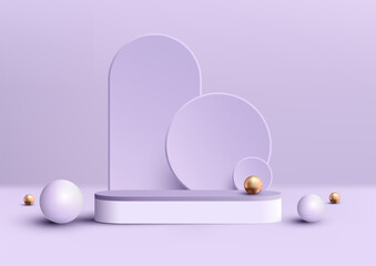 Wall Mural - 3d realistic luxury empty purple and white podium pedestal stand on purple background