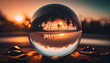Beach with coconuts in lensball during golden hour.
