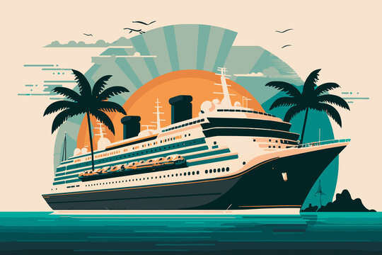 Cruise liner with palm trees sails on the sea
