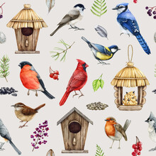 Backyard Birds With Natural Elements Seamless Pattern. Wren, Jay, Robin, Chickadee Watercolor Illustration. Hand Drawn Small Forest Wild Birds, Natural Elements, Birdhouse, Feeder Seamless Pattern