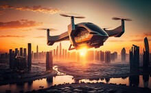 Electric Air Taxi EVTOL Flying High Over A City At Sunset. Urban Air Mobility, Concept Of Future Transportation .