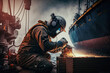 Welder at work on shipbuilding, shipyard, heavy industry, ai generative