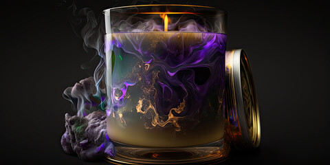 Canvas Print - purple, green candle in the glass. Generative AI image.