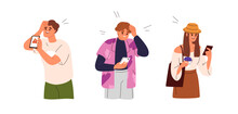 Sad Anxious Characters With Mobile Phones, Reading Bad News, Message In Internet. Upset Shocked Scared People With Smartphones, Negative Emotion. Flat Vector Illustrations Isolated On White Background