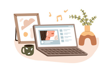 Laptop with video, music clip on screen, tea cup and plant. Cozy leisure, free time for listening audio, watching movie at computer at home. Flat vector illustration isolated on white background