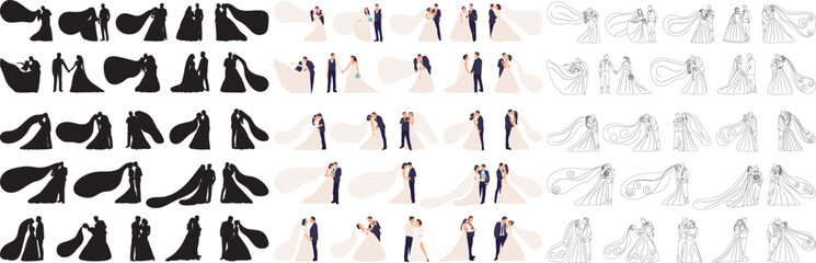 Wall Mural - set woman and man wedding silhouette isolated