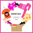 Garage sale or flea market banner or poster design with assorted clothes and footwear, flat vector illustration on white. Template of banner or card, flyer to advertise second hand garage sales.