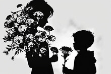 Card Of Happy Mother's Day. Beautiful Mother Silhouette With Her Son And Flowers. Generative AI