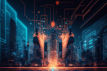 Wall Mural - Future digital technology of city scape. Generative AI