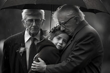 Funeral, Black And White, Grandparents And Elderly Relatives Comfort And Hug In The Rain Under An Umbrella The Survivine Children Of A Dead Relative, Parent, Mother Of Father, Uncle, Sad, Mourn, Close