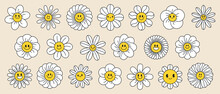 Groovy Daisy Flowers Face Collection. Retro Chamomile Smiles In Cartoon Style. Happy Stickers Set From 70s. Vector Graphic Illustration
