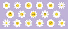 Groovy Daisy Flowers Face Collection. Retro Chamomile Smiles In Cartoon Style. Happy Stickers Set From 70s. Vector Graphic Illustration