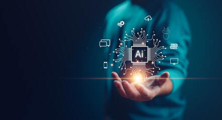 Poster - Ai technology, Artificial Intelligence. man using technology smart robot AI, artificial intelligence by enter command prompt for generates something, Futuristic technology transformation. Chat with AI