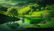 Beautiful Landscape In Green Colors. Abstract Green Nature Backgorund Generative Ai