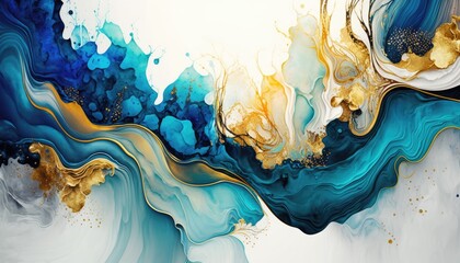 Poster - Gold and blue marbling abstract background, watercolor paint texture imitation generative ai