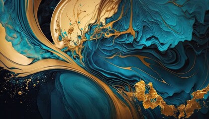 Poster - Gold and blue marbling abstract background, watercolor paint texture imitation generative ai