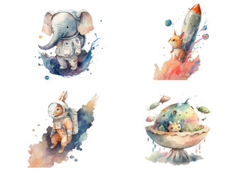 Aufkleber - Hare and elephant astronauts, rocket and unidentified planet in watercolor style. Isolated vector illustration