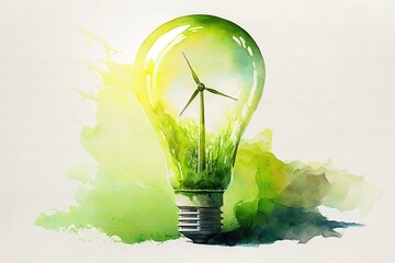 Wall Mural - Watercolor light bulb with isolated wind turbine. Generative AI