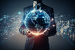 © Visual Studio - Businessman hold global business globe with network connected to digital marketing strategy and creative solution. Business development technology to support creativity idea of teamwork and investment
