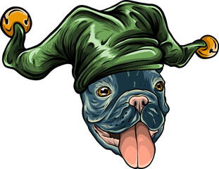 Sticker - French Bulldog portrait in a Fools hat. Vector illustration.