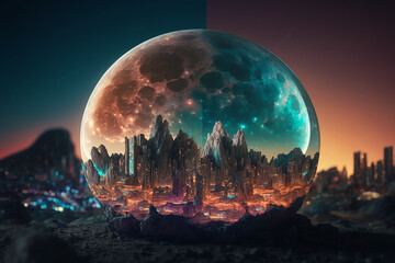 Wall Mural - city landsscape with giant moon. Generative AI